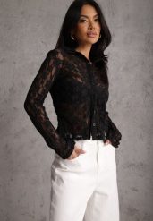 Czarna Koszula z Kwiatowej Koronki Nevieras. Czarne bluzki damskie Renee, m, bez wzorów, z jeansu, eleganckie, bez kołnierzyka, bez ramiączek. Za 129.99 zł.