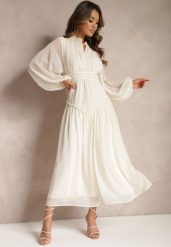 Jasnobeżowa Elegancka Sukienka w Stylu Vintage z Powlekanymi Guzikami i Marszczeniami Lefandia. Brązowe sukienki damskie Renee, na imprezę, l, bez wzorów, eleganckie, bez kołnierzyka, bez ramiączek, maxi. Za 139.99 zł.