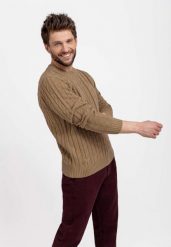 Sweter męski ze splotem S-ROBY. Brązowe swetry przez głowę męskie Volcano, m, bez wzorów, z jeansu, bez kołnierzyka. Za 159.99 zł.
