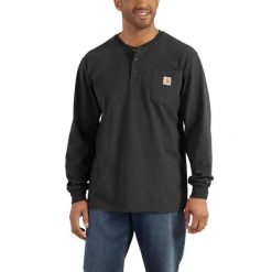 Koszulka bawełniana męska z długim rękawem Carhartt Pocket Henley L/S. Czarne koszulki sportowe męskie Carhartt, l, bez wzorów, z bawełny, bez kołnierzyka, bez ramiączek, trekkingowe. Za 154.00 zł.