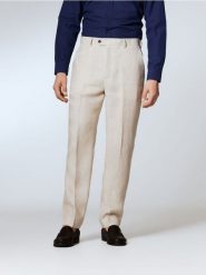 Lniane spodnie garniturowe - beżowy. Brązowe eleganckie spodnie męskie Reserved, bez wzorów. Za 199.99 zł.