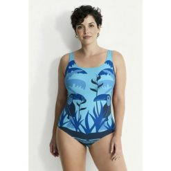 Damskie Strój kąpielowy tukan bez miękkich miseczek dekolt w serek. Niebieskie kostiumy jednoczęściowe damskie Ulla Popken, plus size, bez wzorów, z elastanu, sportowe, plus size, do pływania. Za 199.99 zł.