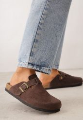 Brązowe Klapki Typu Chodaki z Zamszu Naturalnego z Klamrą Meridnore. Brązowe klapki damskie Renee, bez wzorów, z materiału, eleganckie, bez obcasa, na płaskiej podeszwie. Za 159.99 zł.