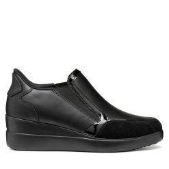 Półbuty Geox. Czarne półbuty damskie Geox, bez wzorów, bez obcasa, na koturnie, bez zapięcia. Za 449.99 zł.