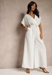 Biały Kopertowy Kombinezon z Nietoperzowymi Rękawami i Paskiem Tollamira. Białe sukienki damskie Renee, na co dzień, bez wzorów, eleganckie, bez kołnierzyka, bez ramiączek, kopertowe. Za 139.99 zł.