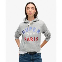 Bluza z kapturem z błyszczącym logo graficznym. Szare koszulki sportowe damskie Superdry., bez wzorów, bez kołnierzyka, bez ramiączek. W wyprzedaży za 286.65 zł.