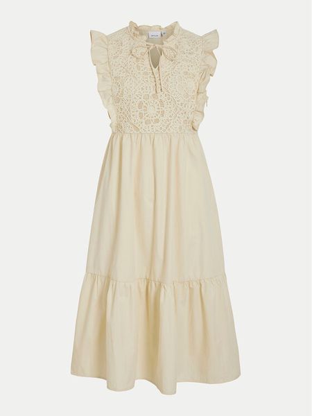 Vila Sukienka letnia Krista 14106337 Beżowy Regular Fit. Brązowe sukienki damskie Vila, na lato, bez wzorów, z bawełny, bez kołnierzyka, bez ramiączek. Za 209.99 zł.