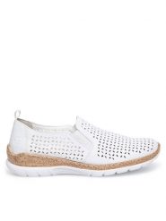 Rieker Półbuty N4251-80 Biały. Białe półbuty damskie Rieker, bez wzorów, ze skóry, bez obcasa, na płaskiej podeszwie, bez zapięcia. Za 189.99 zł.