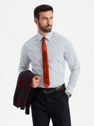 Męska koszula w drobny wzór SLIM FIT - biała V2 - Rozmiar: L. Białe koszule męskie Ombre Clothing, l, bez wzorów, z bawełny, klasyczne, bez kołnierzyka, bez ramiączek. W wyprzedaży za 69.99 zł.