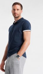 Ombre Bawełniana męska koszulka polo z kontrastowymi wykończeniami granatowa V4 OM-POSS-0113 XL. Koszulki polo męskie Ombre, m, bez wzorów, z bawełny, bez ramiączek. Za 89.99 zł.