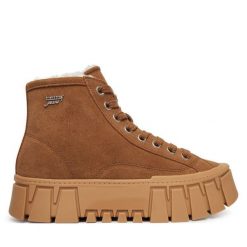 Trzewiki Tommy Jeans. Brązowe botki damskie Tommy Jeans, z jeansu, bez obcasa, na płaskiej podeszwie, bez zapięcia. Za 489.99 zł.