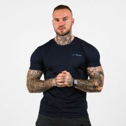 Koszulka męska fitness krótki rękaw granatowa TRN. Niebieskie koszulki sportowe męskie GYMBEAM, l, bez wzorów, z materiału, bez kołnierzyka, bez ramiączek, do biegania. Za 68.90 zł.