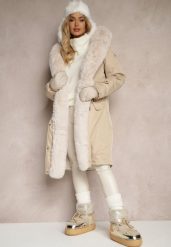 Jasnobeżowa Ocieplana Kurtka Parka z Kapturem i Ściągaczem w Pasie Semilaura. Brązowe kurtki damskie Renee, l, bez wzorów, z futra, eleganckie, z kapturem. Za 219.99 zł.