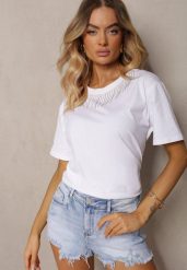 Biały T-shirt z Bawełny z Krótkim Rękawem i Ozdobnymi Cyrkoniami przy Dekolcie Vilefia. Białe bluzki damskie Renee, l, bez wzorów, z bawełny, biznesowe, bez kołnierzyka. Za 29.99 zł.
