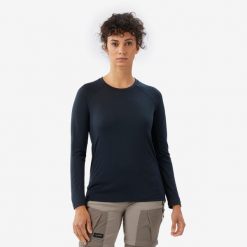 Koszulka trekkingowa damska z długim rękawem Merino Resist. Czarne koszulki sportowe damskie FORCLAZ, l, bez wzorów, z materiału, sportowe, bez kołnierzyka. Za 199.99 zł.