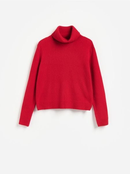 Wełniany sweter - czerwony. Czerwone swetry damskie Reserved, l, bez wzorów, z wełny, bez kołnierzyka, bez ramiączek, bez kaptura. Za 199.99 zł.