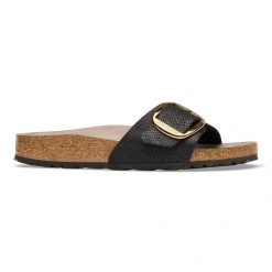 Birkenstock Madrid BB SYN Python Black Klapki damskie. Czarne klapki damskie Birkenstock, bez wzorów, z jeansu, eleganckie, bez obcasa. Za 399.99 zł.