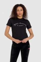 JUICY COUTURE Czarny t-shirt damski z diamentowym logo. Czarne t-shirty damskie Juicy Couture, s, bez wzorów, bez kołnierzyka. W wyprzedaży za 279.99 zł.
