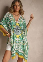 Żółte Ponczo Narzutka z Wiskozy i Jedwabiu w Stylu Boho Acera. Żółte swetry damskie Renee, na lato, bez wzorów, z materiału, boho, bez kołnierzyka, bez ramiączek, bez kaptura. Za 39.99 zł.