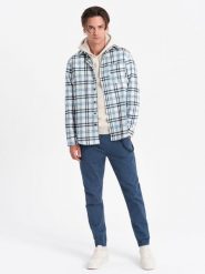 Spodnie męskie materiałowe JOGGERY z ozdobnym sznurkiem - niebieskie V10 - Rozmiar: XL. Niebieskie spodnie materiałowe męskie Ombre Clothing, m, bez wzorów, z bawełny. W wyprzedaży za 39.99 zł.
