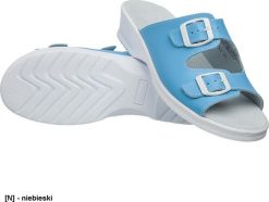 MEDIBUT BMKLA2PAS - klapki damskie na koturnie, cholewka skóra z powłoką ułatwiającą mycie i dezynfekcję - niebieski 38. Niebieskie klapki damskie Medibut, bez wzorów, ze skóry, bez obcasa, na koturnie. Za 107.36 zł.