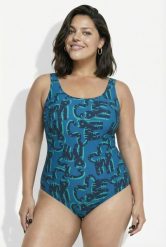 Damskie Strój kąpielowy koty bez miękkich miseczek okrągły dekolt. Niebieskie kostiumy jednoczęściowe damskie Ulla Popken, plus size, bez wzorów, z elastanu, sportowe, plus size, do pływania. Za 159.99 zł.