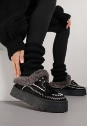 Czarne Śniegowce na Grubej Podeszwie z Haftem i Futerkiem Ezilune. Czarne śniegowce i trapery damskie Born2be, z jeansu. Za 99.99 zł.