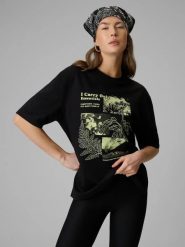 T-shirt loose z nadrukiem damski 4F 4FRSS26TTSHF3705. Czarne t-shirty damskie 4f, l, bez wzorów, z bawełny, klasyczne, bez kołnierzyka. Za 45.99 zł.
