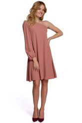 Luźna Sukienka na Jedno Ramię - Różowa. Czerwone sukienki damskie MOE, l, bez wzorów, z elastanu, wizytowe, bez kołnierzyka, bez ramiączek. Za 273.90 zł.