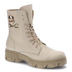 Beżowe Botki Exquisite Modne Skórzane Buty Damskie. Brązowe kozaki damskie EXQUISITE, ze skóry, bez obcasa. Za 359.00 zł.