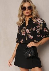 Czarno-Beżowa Koszula Bawełniano-Wiskozowa w Kwiaty z Rękawem 3/4 Spiceria. Czarne bluzki damskie Renee, l, bez wzorów, z bawełny, bez kołnierzyka, bez ramiączek. Za 29.99 zł.