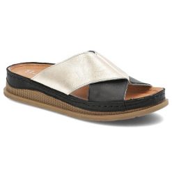 Klapki damskie Maciejka, skórzane na platformie z miękkimi wkładkami eleganckie, czarno-złote, L4986-25-00-0. Czarne sandały damskie Maciejka, bez wzorów, bez obcasa, na platformie, bez zapięcia. Za 209.00 zł.