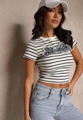 Niebiesko-Biały Bawełniany T-shirt w Paski Ozdobiony Napisem na Naszywce z Jeansu Eviola. Niebieskie bluzki damskie Renee, m, z aplikacjami, z bawełny, klasyczne, bez kołnierzyka, bez ramiączek. Za 69.99 zł.