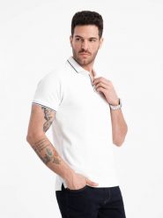 Koszulka męska polo z dzianiny pique bez guzików - biała V1 OM-POSS-0110 - XXL. Białe koszulki polo męskie Ombre Clothing, l, z aplikacjami, z bawełny, bez kołnierzyka, bez ramiączek. W wyprzedaży za 39.99 zł.