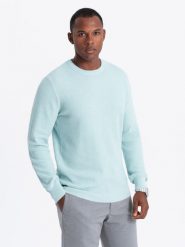 Melanżowy męski sweter ze strukturalnej dzianiny – miętowy V1 - Rozmiar: S. Zielone swetry przez głowę męskie Ombre Clothing, m, bez wzorów, z bawełny, bez kołnierzyka. W wyprzedaży za 89.99 zł.