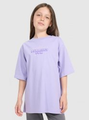 4F T-shirt oversize z nadrukiem dziewczęcy - fioletowy 134 (8-9 lat). Fioletowe t-shirty i topy dla dziewczynek 4f, bez wzorów, z bawełny, bez ramiączek. W wyprzedaży za 39.99 zł.