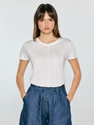 Koszulka damska z domieszką lnu biała Otria 100. Białe t-shirty damskie Big Star, l, bez wzorów, z dzianiny, eleganckie, bez kołnierzyka. Za 99.99 zł.