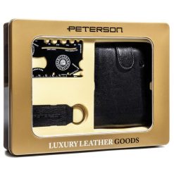 Luksusowy zestaw prezentowy z portfelem RFID - Peterson. Brązowe portfele męskie Peterson, bez wzorów, ze skóry. Za 129.99 zł.