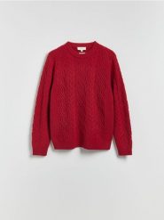Wełniany sweter z warkoczowym splotem - czerwony. Czerwone swetry przez głowę męskie Reserved, l, bez wzorów, z dzianiny, bez kołnierzyka. Za 239.99 zł.