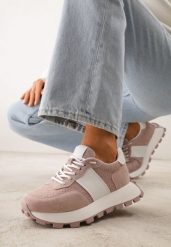 Różowe Zamszowe Sneakersy na Podeszwie Chunky z Perforowaną Cholewką Cezarlina. Czerwone obuwie sportowe damskie Renee, bez wzorów, z jeansu. Za 259.99 zł.