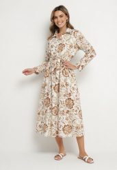 Jasnobeżowa Sukienka Koszulowa z Wiskozy w Kwiaty z Wiązanym Paskiem Lorkia. Brązowe sukienki damskie Born2be, na co dzień, na lato, l, bez wzorów, z wiskozy, eleganckie, bez kołnierzyka, bez ramiączek, maxi, koszulowe. Za 169.99 zł.