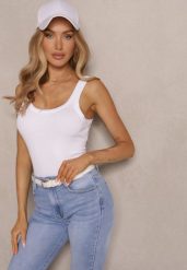 Biały Top na Ramiączkach z Prążkowanego Materiału z Bawełny Zaliena. Białe bluzki damskie Renee, m, bez wzorów, z bawełny, bez kołnierzyka, bez ramiączek. Za 39.99 zł.