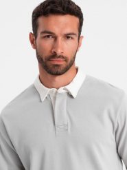 Ombre Bluza męska z białym kołnierzykiem polo - popielata V7 OM-SSNZ-0132 S. Białe bluzy męskie Ombre, m, bez wzorów, bez kaptura. Za 79.99 zł.