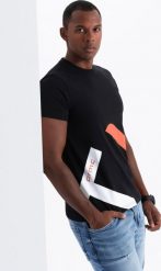 Bawełniany męski t-shirt z kontrastowym dwukolorowym printem czarny V1 OM-TSPT-0219 XL. Czarne t-shirty męskie Ombre, m, bez wzorów, z bawełny, bez kołnierzyka. Za 180.04 zł.