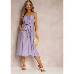 Fioletowa Sukienka Hami. Fioletowe sukienki damskie Renee, l, z aplikacjami, z materiału, eleganckie, bez kołnierzyka, bez ramiączek, midi. Za 54.99 zł.