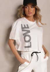 Biały T-shirt z Bawełny o Krótkim Kroju Ozdobiony Napisem Sannovia. Białe bluzki damskie Renee, m, bez wzorów, z bawełny, klasyczne, bez kołnierzyka. Za 39.99 zł.