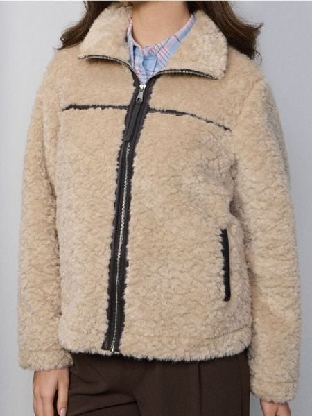 Kurtka sherpa z kołnierzem zapinana na zamek - beżowy. Brązowe kurtki damskie Sinsay, l, bez wzorów, bez kaptura. Za 139.99 zł.