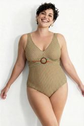 Damskie Strój kąpielowy fakturowane paski miękkie miseczki ozdobny pierścień. Brązowe kostiumy jednoczęściowe damskie Ulla Popken, plus size, bez wzorów, z elastanu, plus size, do pływania. Za 191.99 zł.