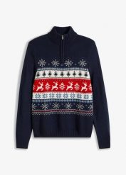 Sweter w norweski wzór, ze stójką. Niebieskie swetry przez głowę męskie bonprix, m, bez wzorów, bez kołnierzyka. Za 129.99 zł.