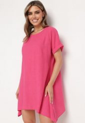 Fuksjowa Tunika Sukienka z Krótkim Rękawem i Asymetrycznym Dołem Fianda. Czerwone bluzki damskie Born2be, xl, bez wzorów, eleganckie, z asymetrycznym kołnierzem, bez ramiączek. Za 44.99 zł.